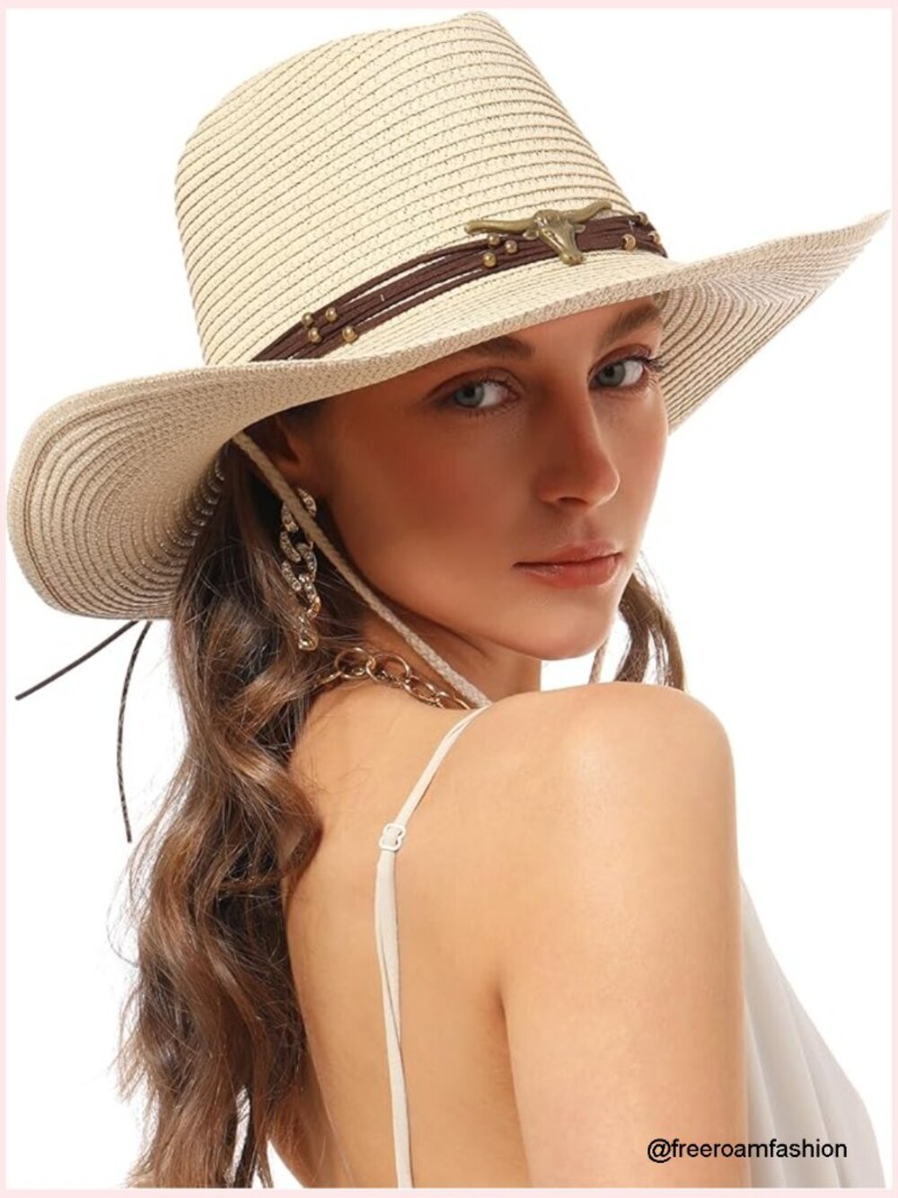 Straw Cowboy Sun Hat with Windproof Chin Strap